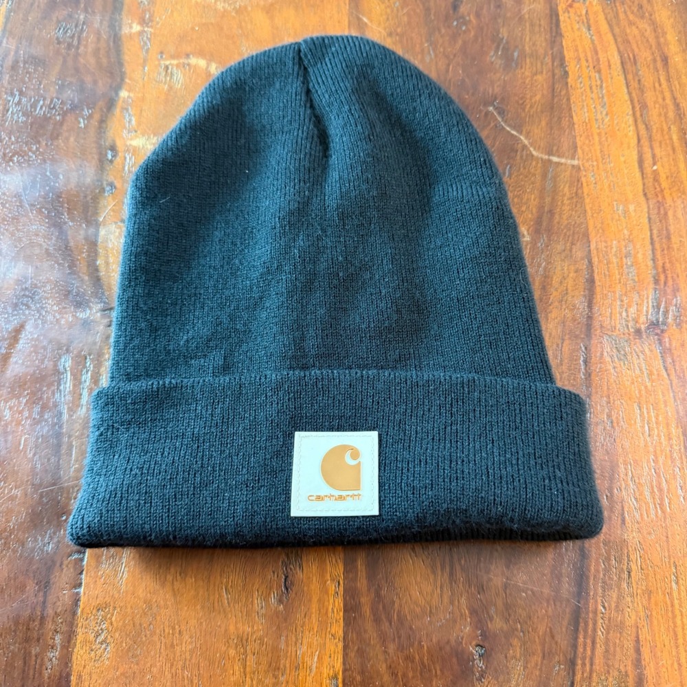 Carhartt Black Knit Beanie Youth One Size Cuffed Logo Hat AH9013